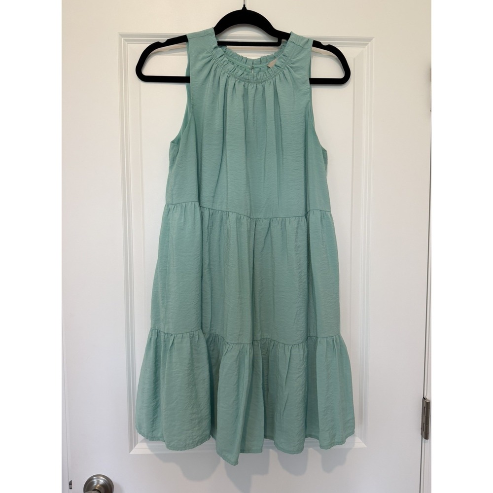 Loft Tiered Dress Small Lined Swing Ruffle Midi Aqua Sleeveless